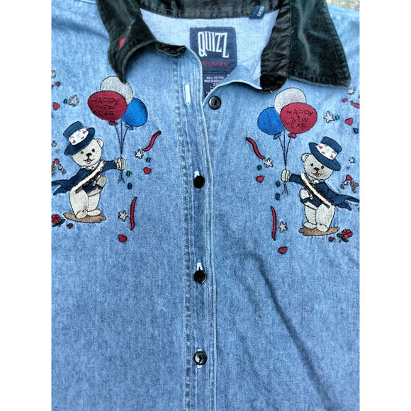 Quizz Womens Vintage Denim Shirt XXL Button Up New Years Party Embroidered Bears - Picture 4 of 5
